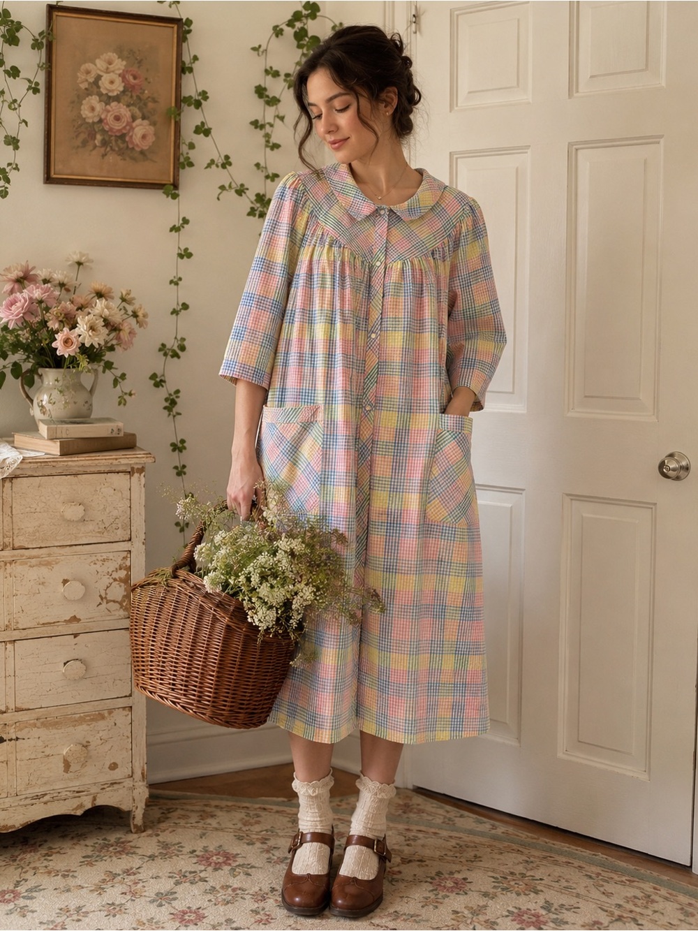 Vintage Pastel Gingham Prairie Dress Cottagecore Seersucker Midi